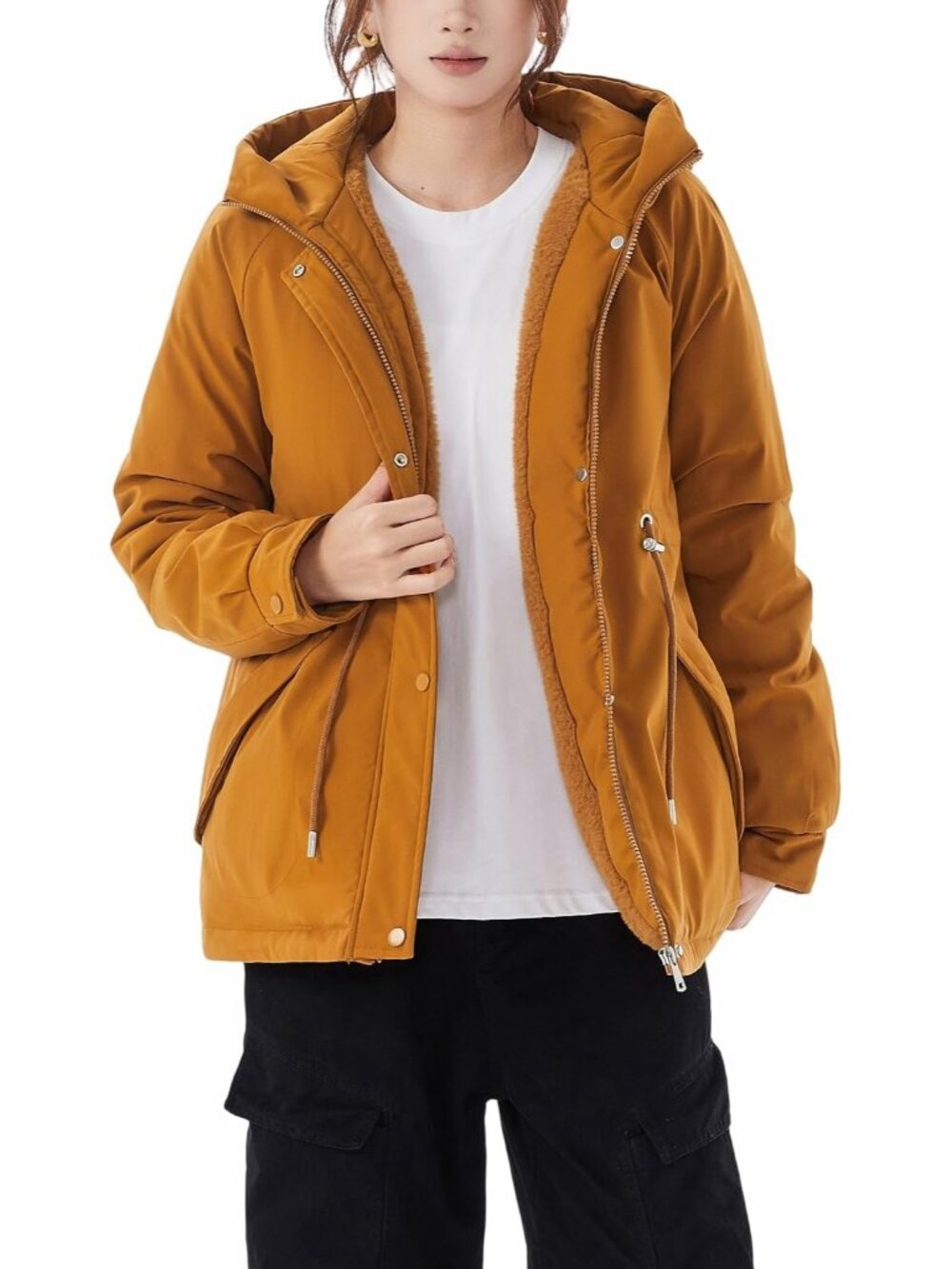 〽️Women's A-Brown Sherpa Lined Hooded Winter Fleece Jacket Warm Coat